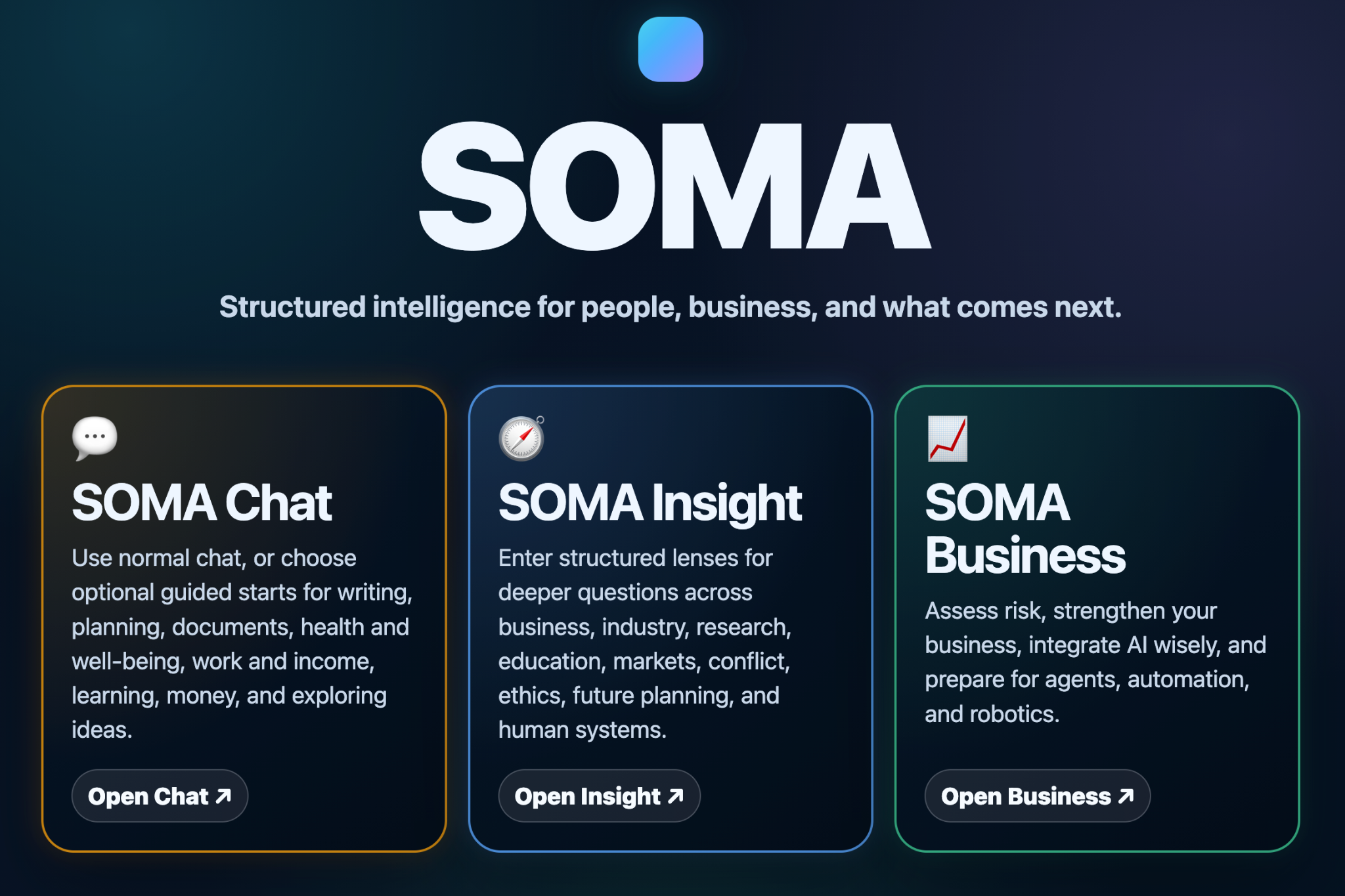 SOMA homepage showing Chat, Insights, and Business entry points