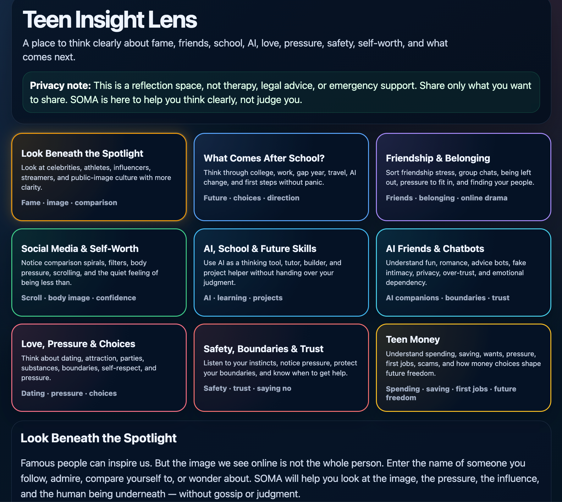 SOMA Teen Insight Lens page showing nine guidance modules