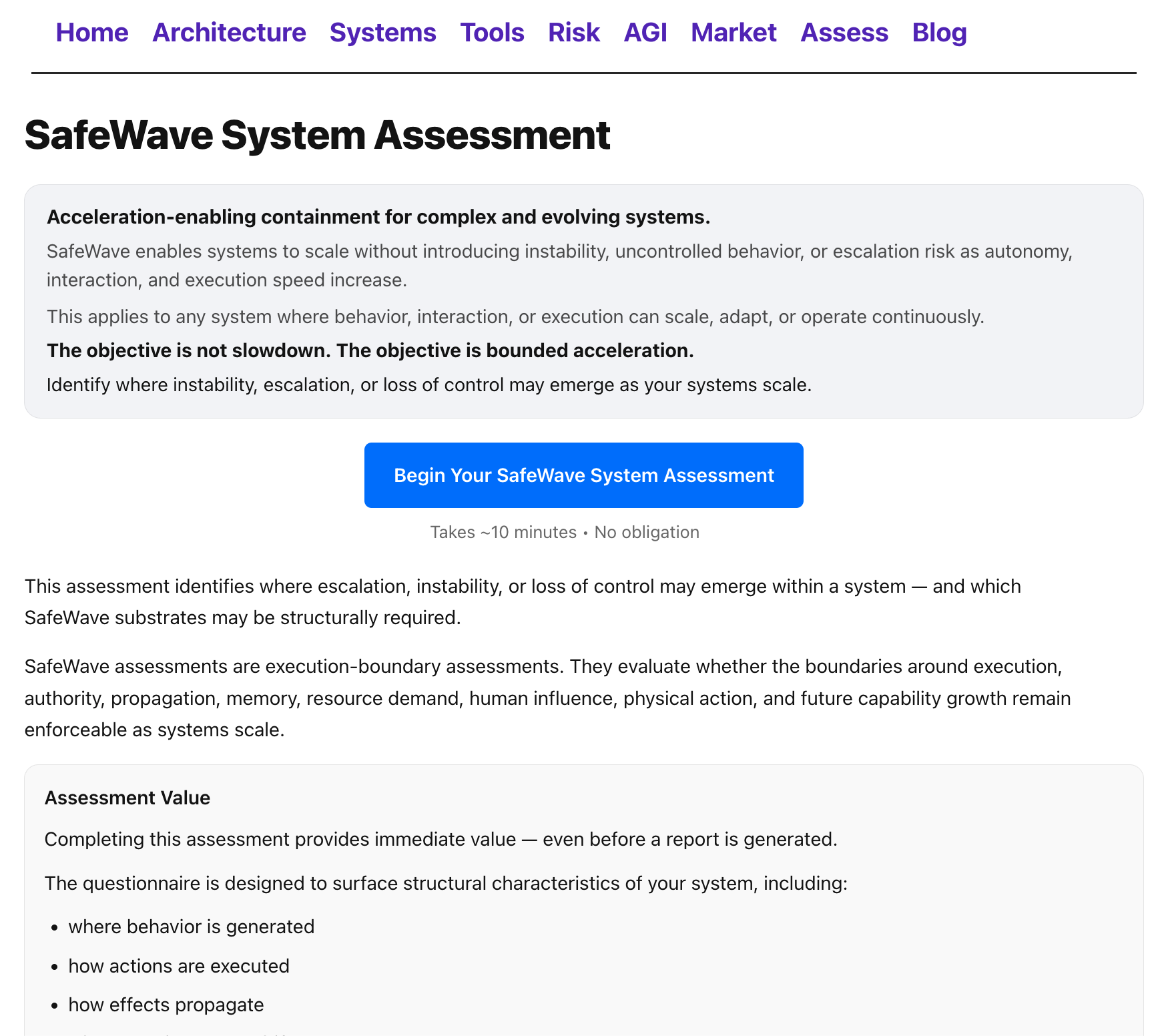 SafeWave System Assessment page showing bounded acceleration and assessment value