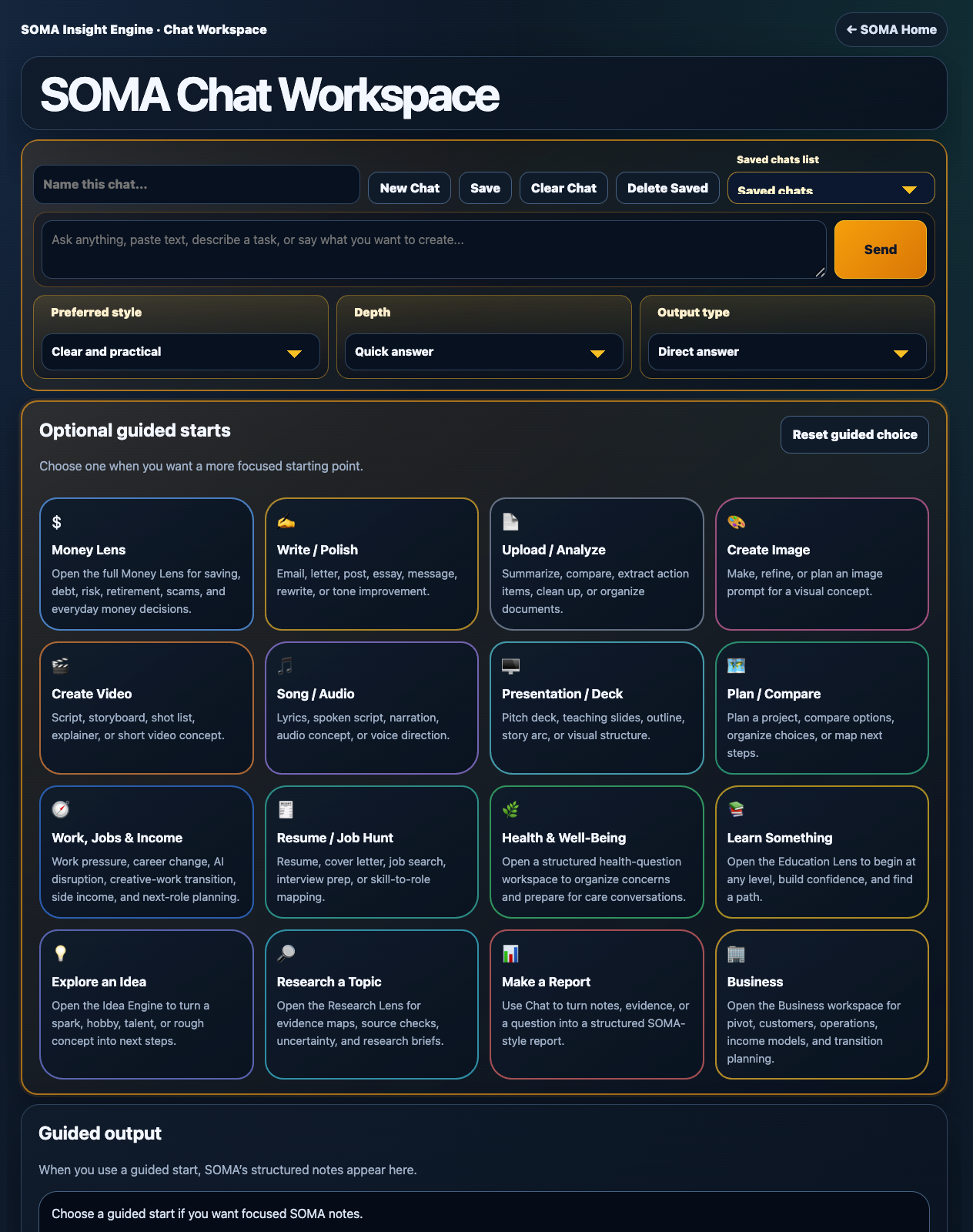 SOMA Chat Workspace with optional guided starts
